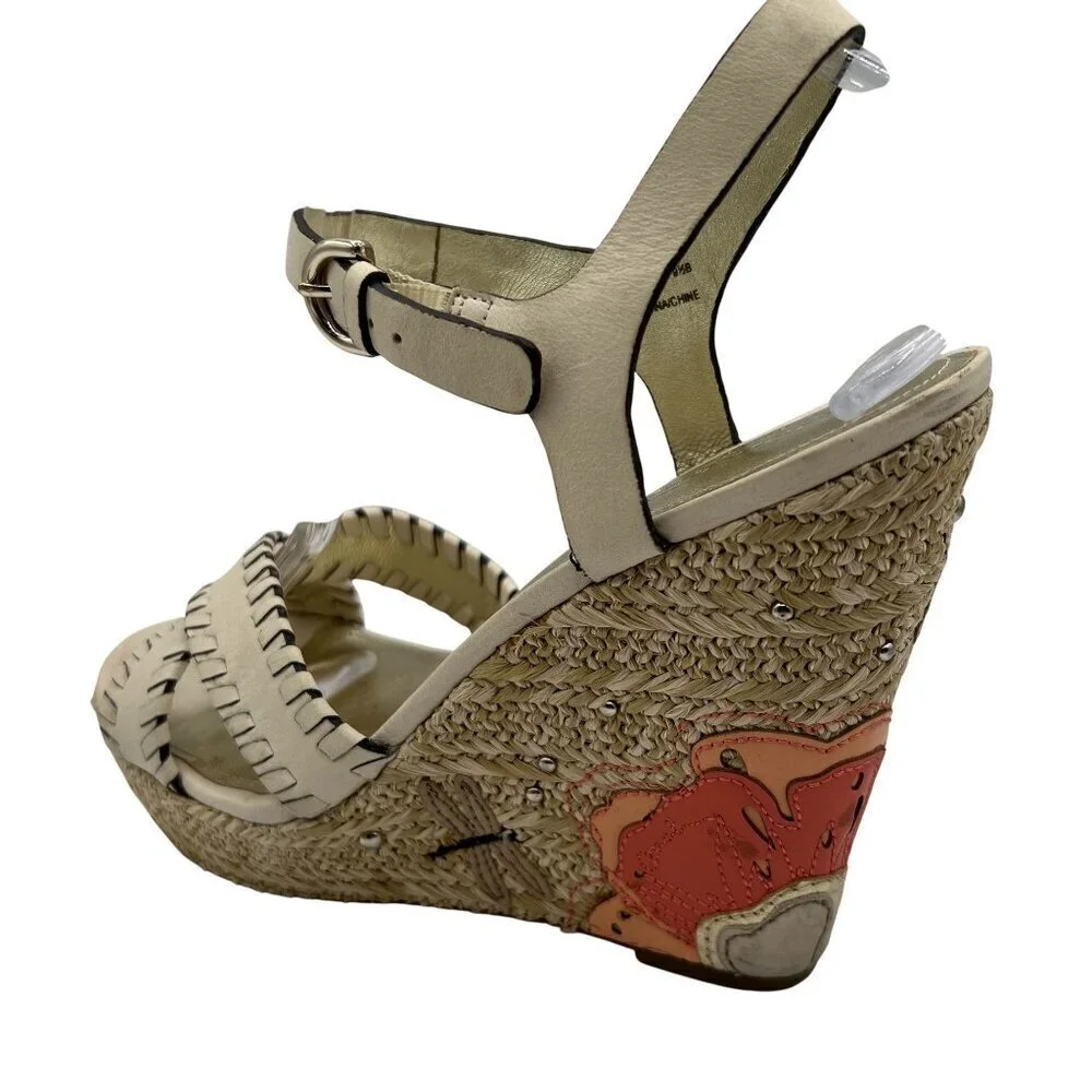 Coach Justeen 9.5 Butterfly Floral Design Woven Espadrille Wedge Leather Sandals